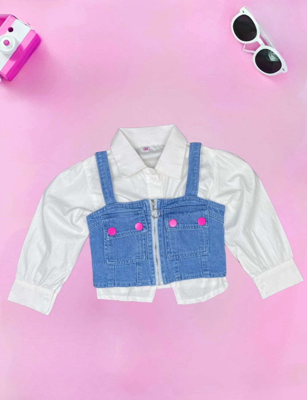 Girls 2 Piece Fancy Shirt [GT-522] [4-12Years]-9-10Y (Size - 32) / Cotton / White