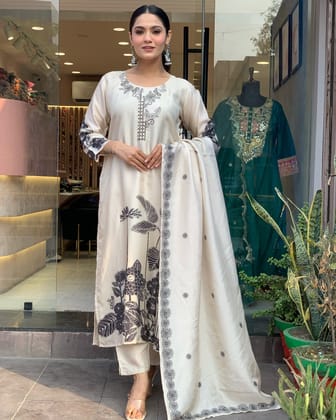 Beautiful  CHINNON SILK Embroidered Straight Kurta with pant and dupatta sets-S