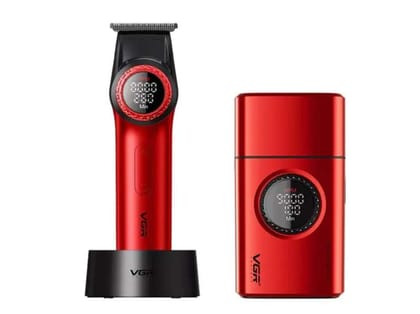 VGR V-977 & V-377 Professional Barber Combo Color Red Trimmer 240 min Runtime 5 Length Settings (Red)