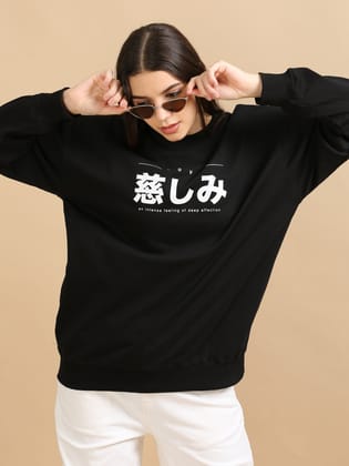 Women Printed Oversized Sweatshirt Pure Cotton Full Sleeve Black-XS