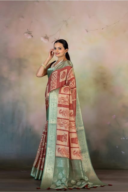 Rust Color Block Print Jacquard Saree