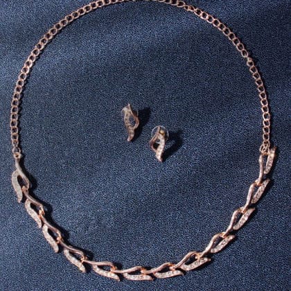 Rose Gold Plated Curved Crystal Necklace Set with Matching Stud Earrings  Elegant Party Wear Jewelry