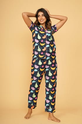 Fruit Pattern Half Sleeve Pyjama Set-S / Rayon Blend / Navy Blue