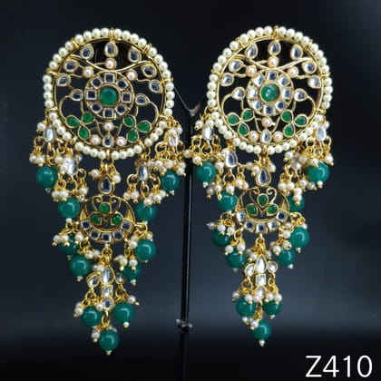 Green Gold Toned Kundan Earrings by Zevar
