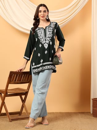 Adah Chikankari Premium Modal Short Kurti-Bottle Green / S