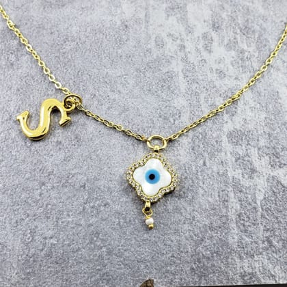 Evil Eye Flower Gold Alphabets Initial Letter Charm American Diamonds Choker Necklace Chain For Women-B