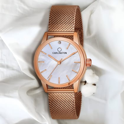Carlington Elite Ladies Self Adjustable Mesh Strap Water Resistant Analog Watch - For Women CT2010 Rosewhite