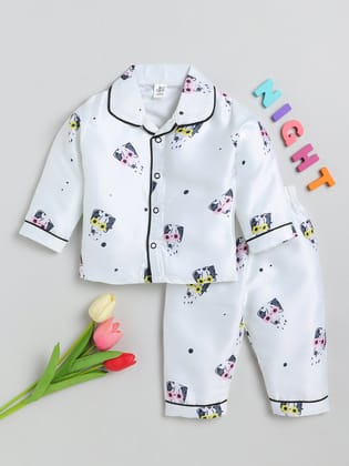 White Dog Full Sleeve Nightwear Set-4-5 y
