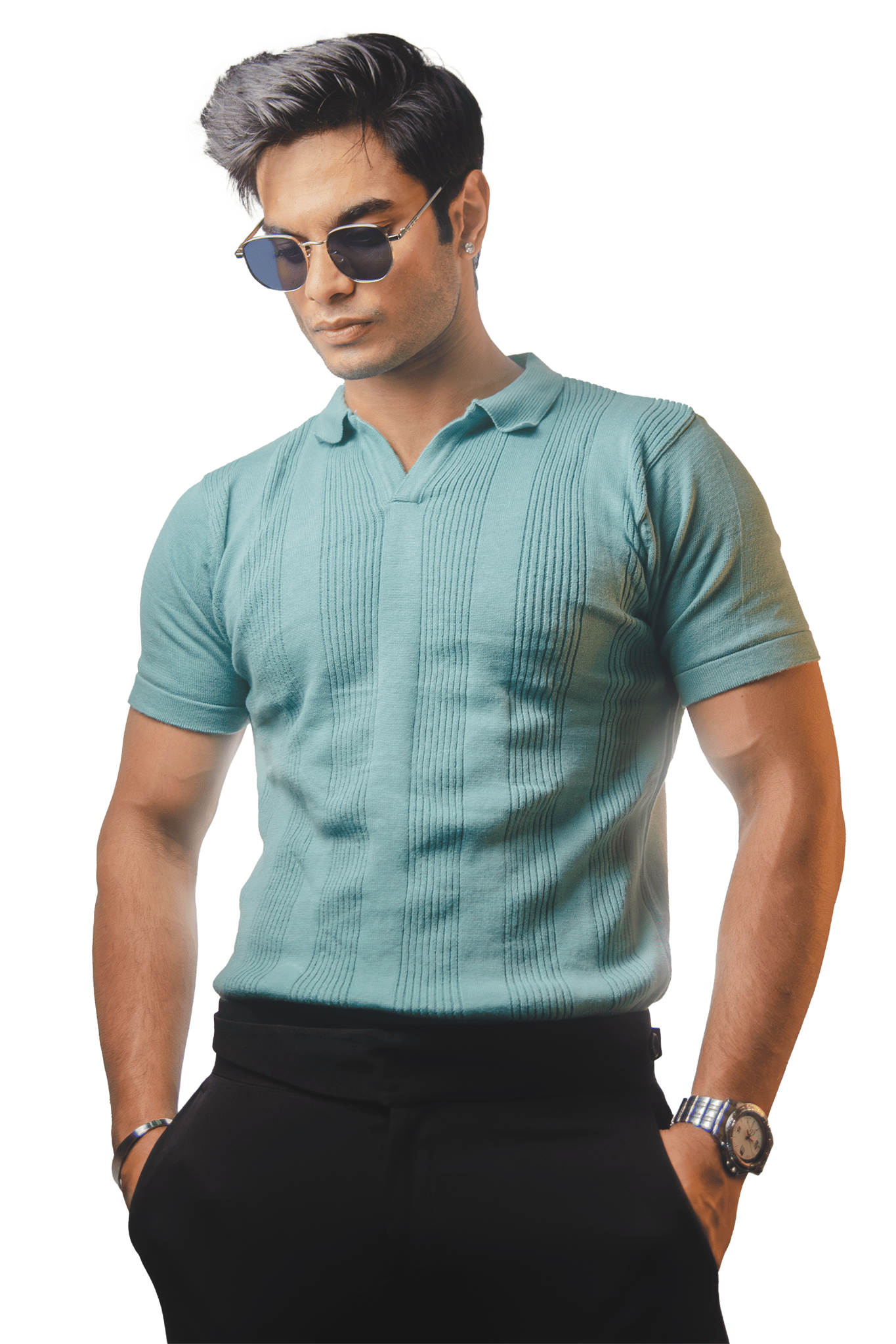 Spanish Green Open Collar Knitted Polo T-Shirt-M
