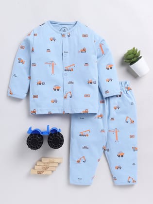 Construction Zone Print Blue Full Sleeve Nightwear Set-3-6 m