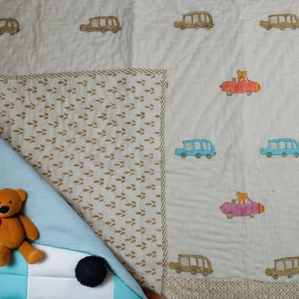 Car Design Handcrafted Block Printed Kids Quilt | Soft & Cozy Cotton Quilt for Babies & Toddlers-Car