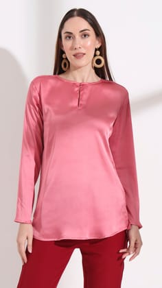 Womens Premium Summer Satin Rose Pink Mandarin Collar Button Tunic-S / ROSE PINK