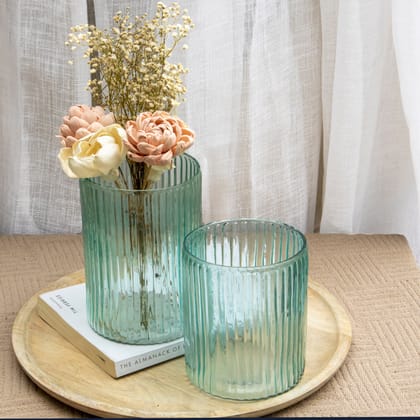 Fluted Glass Vase- Aqua-6 inches