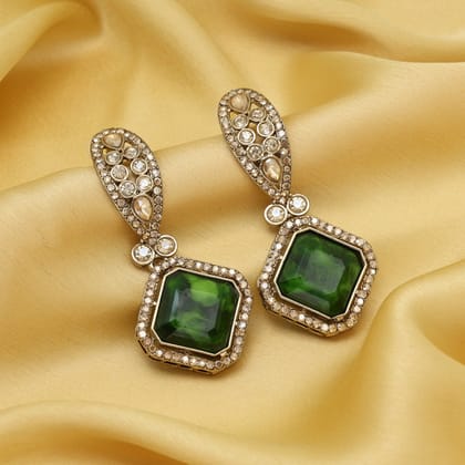Green Color Kundan Earrings (KDE1014GRN)-Length: 6.50 CM x Width: 3.00 CM / Green / Alloy With Good Quality Mehndi Gold Plated