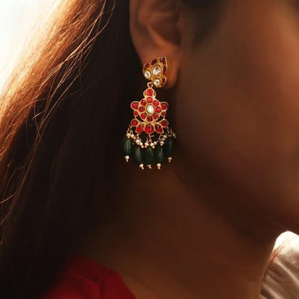 Silver Kundan Dangling Earrings-Pink