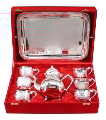 IndianArtVilla Handmade Pure Silver Plated Floral Design 1 Tea Pot with 6 Cups & 1 Tray