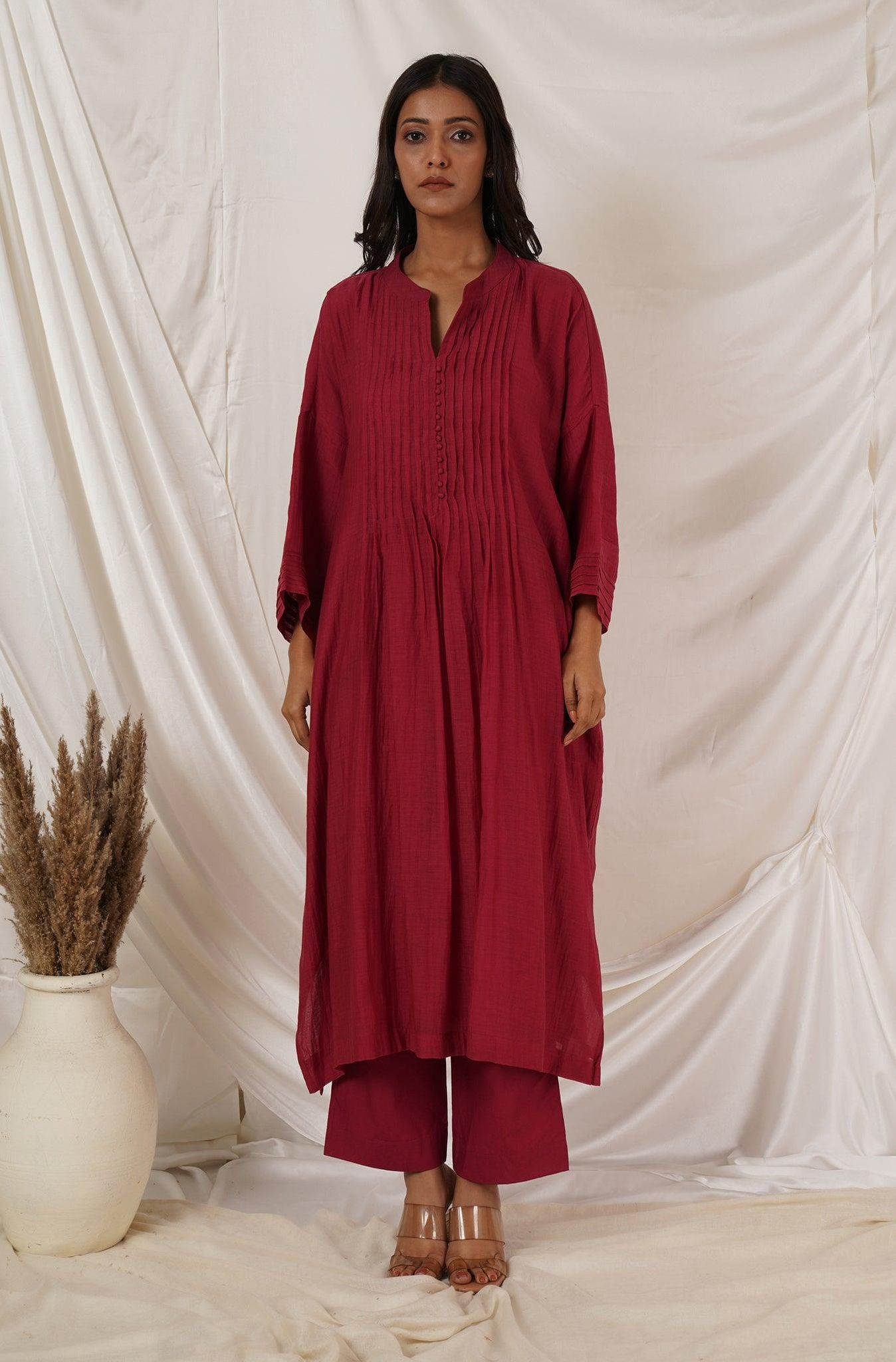 Maroon Pintuck kaftan Coord Set-XL