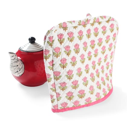 Hand Block-Printed Cotton Tea Cozy White & Pink, 9 x 11.5-White / Pink / Green / 9 Inches x 12 Inches / 100% Cotton
