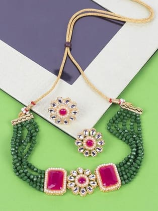 Green Pink Gold-Plated Kundan Jewellery Set