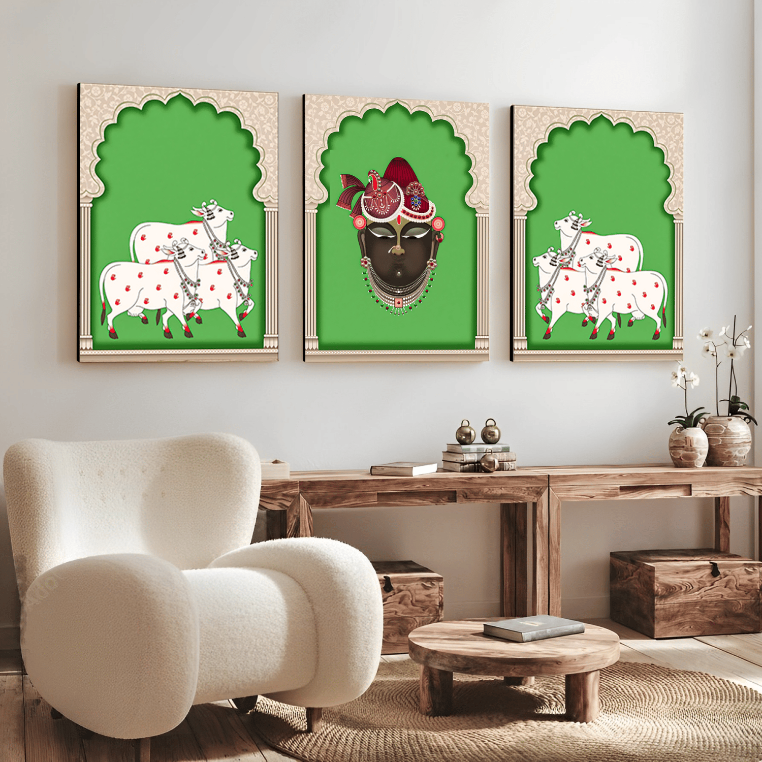 Set of 3 Shrinath Ji and Cow Pichwai Wood Print Wall Art-9 X 12 Inches Each / Pinewood Thickness: 6mm