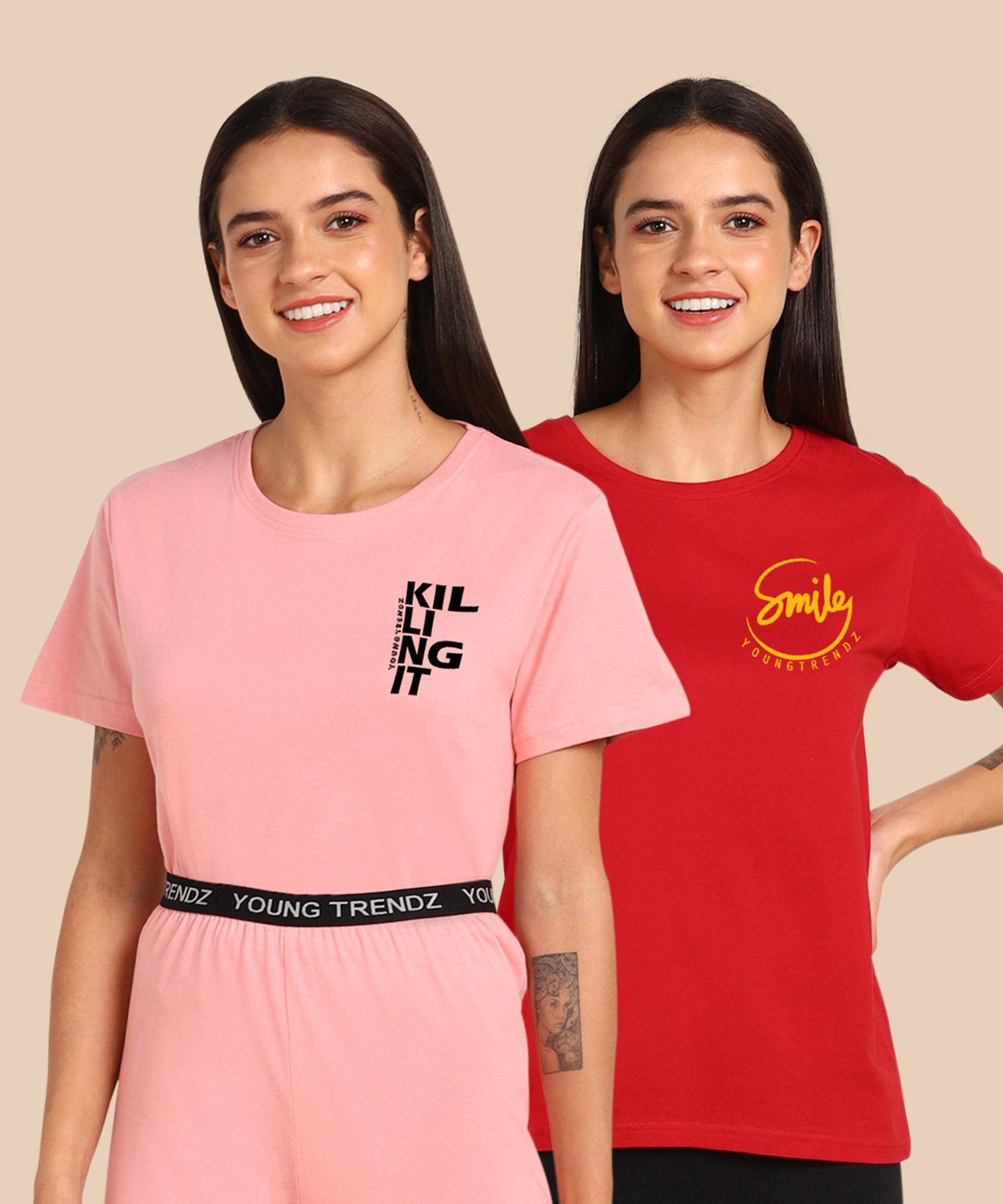 Womens Regular Fit  Combo Printed T Shirt-S / Pink Red