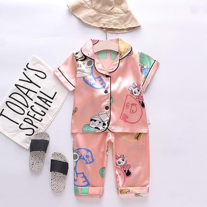 Printed peach Satin Co-ord Set for Boys and Girls-1-2 year