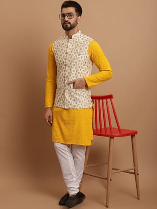 Men's Cotton Mustard Kurta and White Pyjama Cream Nehrujacket Set-40