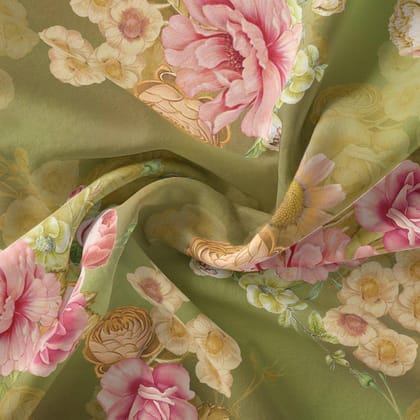 Pink Rose On Green Palate Digital Printed Fabric  - Kora Silk-Polyester / Kora Silk / 110 CM | 43 Inch