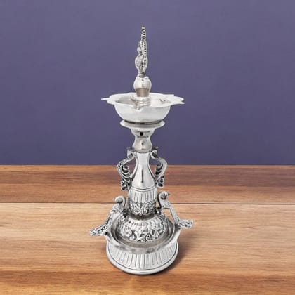 Handcrafted German Silver Peacock Diya Indian Oil Lamp Decor