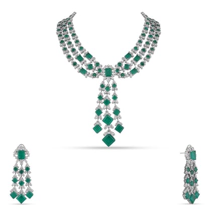 Afrah - Three Layer Cubic Zirconia Green Stone Necklace Set