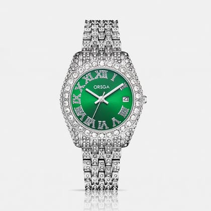 ORNATE Green Dial Full Studded Silver Watch
