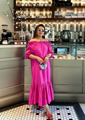 Danika Goyal in Fuchsia Off-Shoulder Dress-Pink / XS