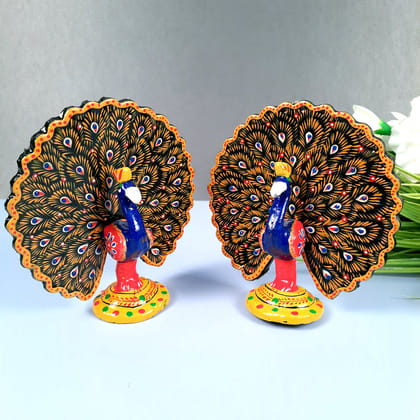 Dancing Peacock Showpiece Set | Wooden Peacock Statue | Animal Figurines - for Home, Table, Shelf, Living Room Decor, Gifts - 6 Inch (Pack of 2)