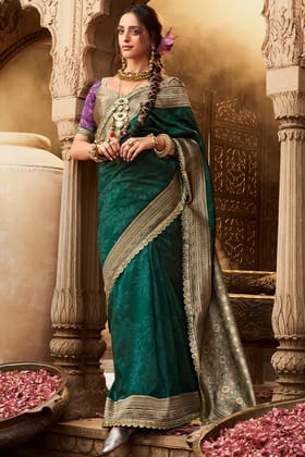 Bottle Green Banarasi Fancy Silk Saree with Lace Border