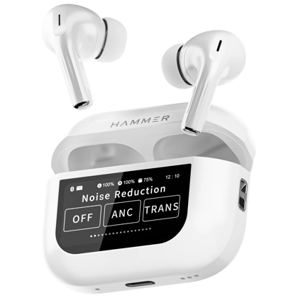 Hammer Screen TWS Bluetooth Earbuds with 32 db ANC + ENC and On Case Display-Screen TWS / White