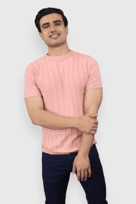 Baby Pink Half Sleeve Flat Knit self striped Round neck T-Shirt for men-XL / Light Pink