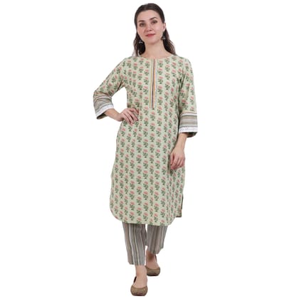 Green Cotton printed Kurta Set with embroidery-XS