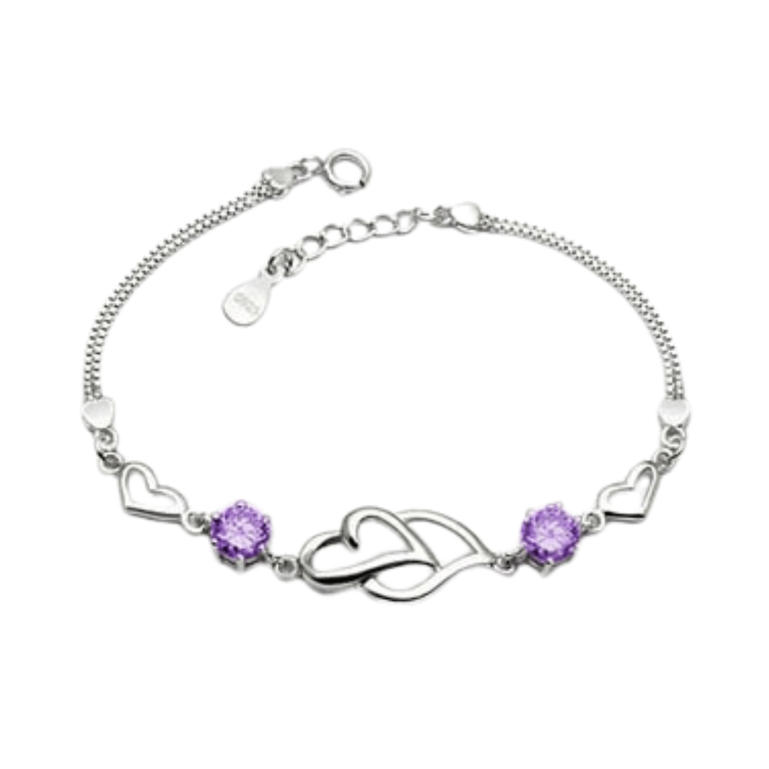 Double Heart Shape Silver Plated CZ Crystal Bracelet for Women & Girls-Purple