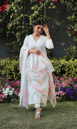 Cotton Off White Lurex Dobby kurta & Printed Dupatta-XXS