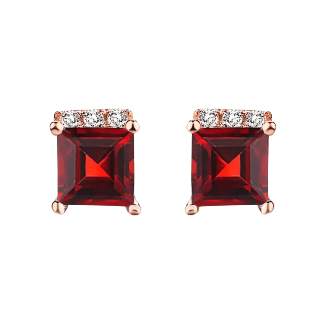 Blood Red Stone Square Stud Earrings for Girls and Women Copper Stud Earring-Red