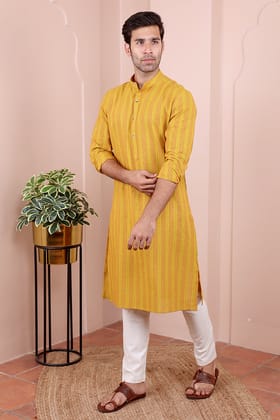Yellow Stripes South Cotton  Long Kurta Full Sleeves MLKFS04246-L