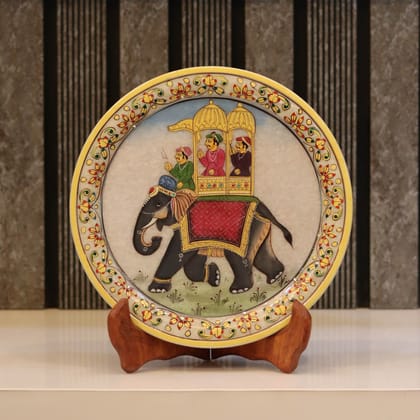 Traditional Elephant, Gold Leaf 9 Inch Marble Decorative Plate - Handicraft Bazaar-9 Inches / Marble