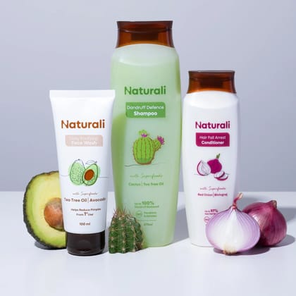 Naturali Dandruff Defence Shampoo + Hair Fall Arrest Conditioner + Daily Purifying Face Wash-370ml+180ml+100ml