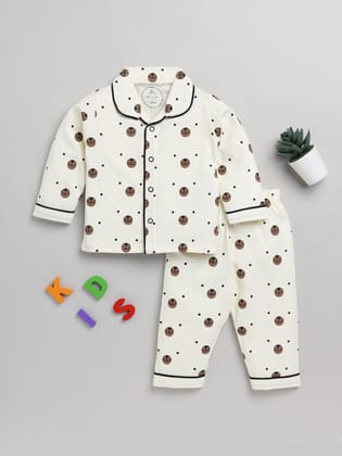 Cream Bear Cotton Full Sleeve Nightwear Set-6-9 m