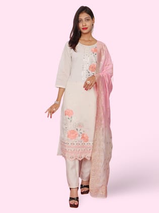 Women's Cotton Rayon Kurta-Pant, and Dupatta Set-Off White / L