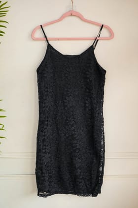 Black Floral Schiffli Short Dress
