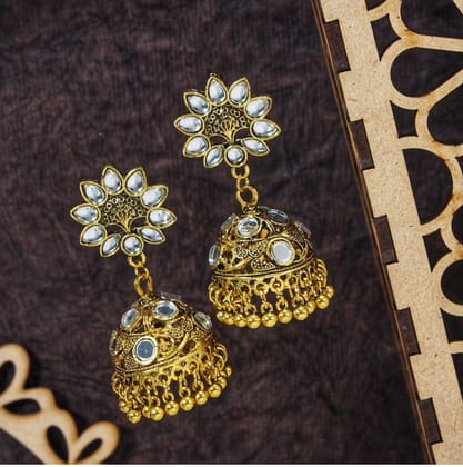 Antique Gold Plated Jhumki Earring With Kundan And small Circular Shaped Mirror- AER 386