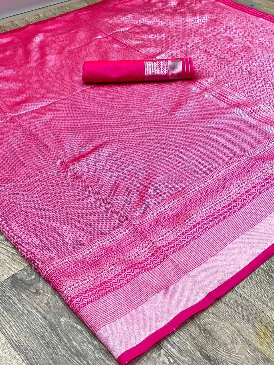 Bright Pink Silver Zari Woven Kanjivaram Soft Silk Saree