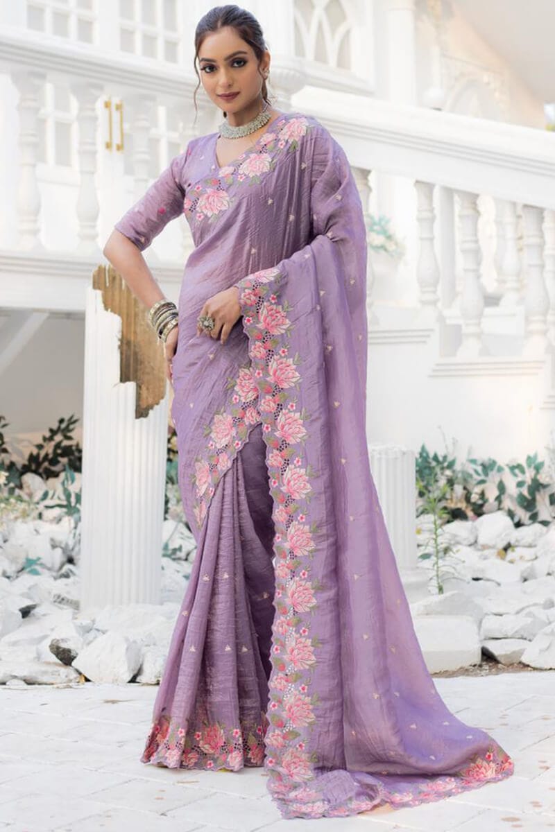Jubilant Lavender Embroidery Work Crush Silk Saree With Quixotic Blouse Piece