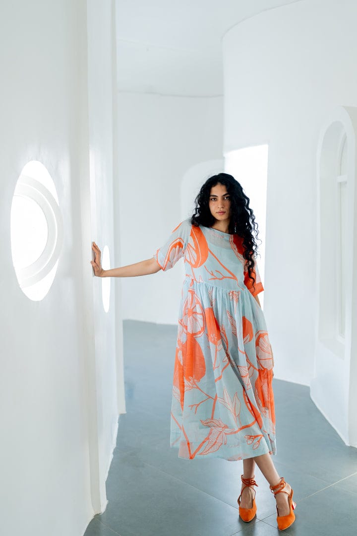 Mandarin Print Chanderi Dress-S